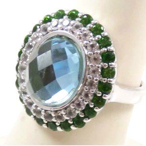 925 Sterling Silver Blue Topaz & Green Emerald Stone Ring Size 9 (8.9g)